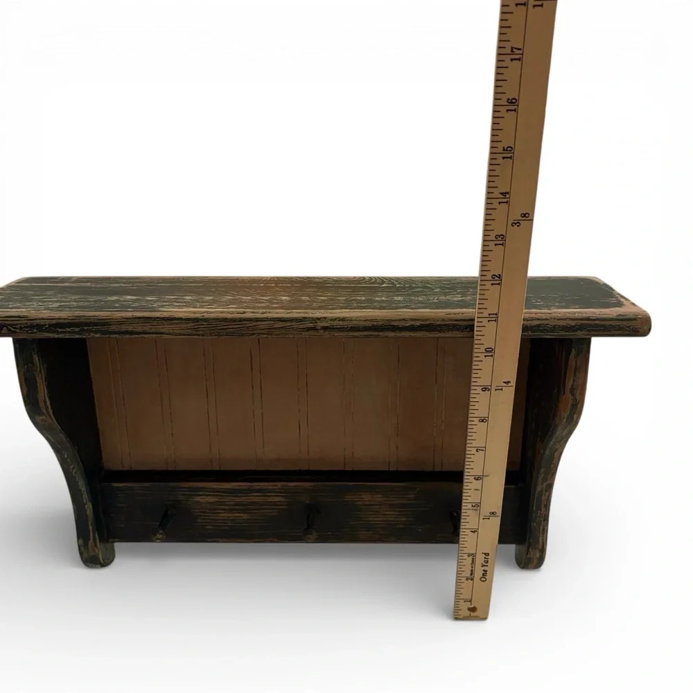 Distressed Painted Handmade Wood Beadboard Shelf with 3 Wood Pegs